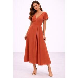 Celebrate DB Studio Midi Dress Women Size 10 Rust Flutter Sleeve Formal Party